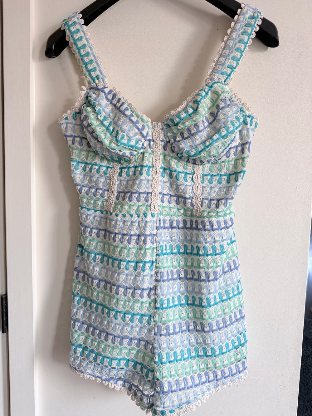 Fashion Nova Pastel Crochet-Trim One-Piece Romper in Aqua, Lavender & Mint